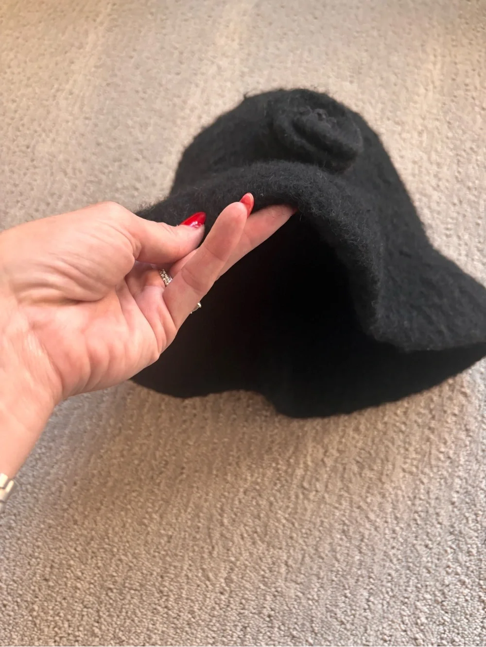 Black Boiled Wool Cloche Hat with Floral Accent - Women's Accessory